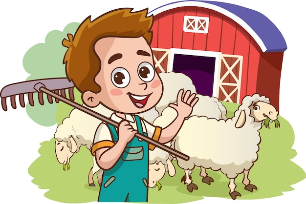 Ilustración vectorial de niños agricultores felices con animales de granja en la granja