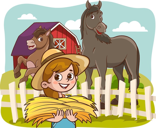 Ilustración vectorial de niños agricultores felices con animales de granja en la granja