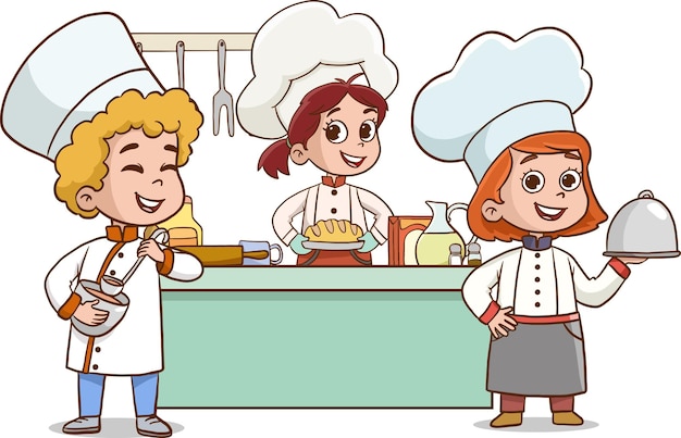 Ilustración vectorial de niños cocineros Mascotas de dibujos animados en varias poses dinámicas niños
