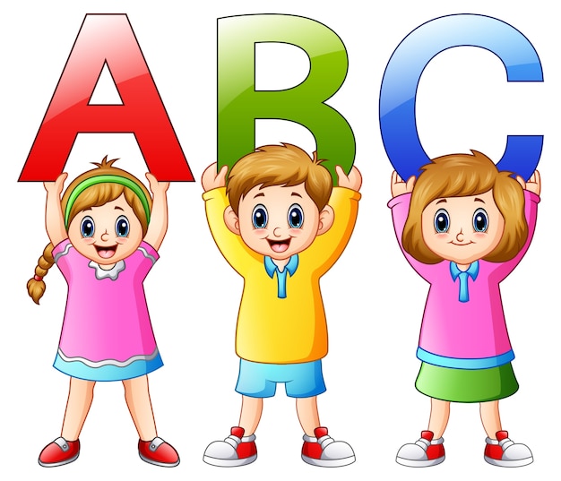 Ilustración vectorial de niños de dibujos animados que muestran alfabetos