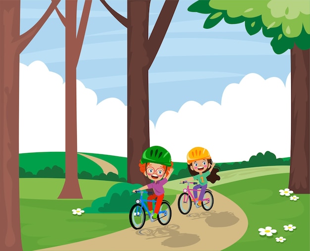 Ilustración vectorial de niños felices andando en bicicleta en el parque