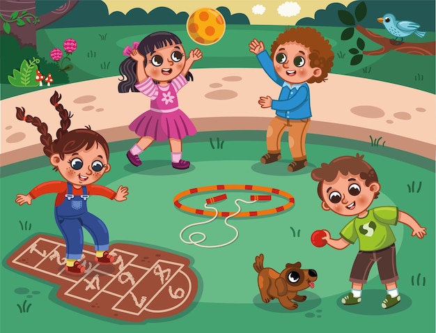 Vector una ilustración vectorial de niños felices jugando en el patio de recreo