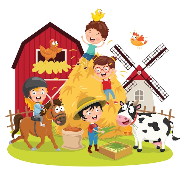 Ilustración vectorial de niños de granja