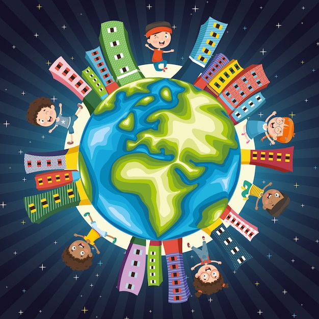 Ilustración vectorial de niños jugando alrededor del mundo