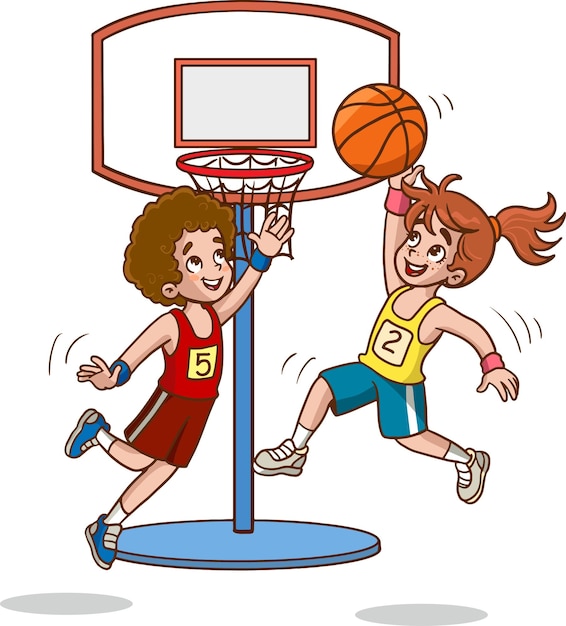 Ilustración vectorial de niños jugando baloncesto