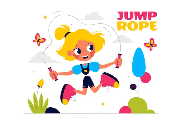 Ilustración vectorial de niños jugando a la cuerda de salto con ropa deportiva durante las actividades deportivas de acondicionamiento físico en un fondo de dibujos animados de estilo plano