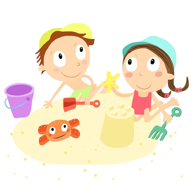 Ilustración vectorial de niños jugando en la playa y haciendo castillos de arena