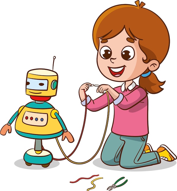 Ilustración vectorial de niños jugando con robots