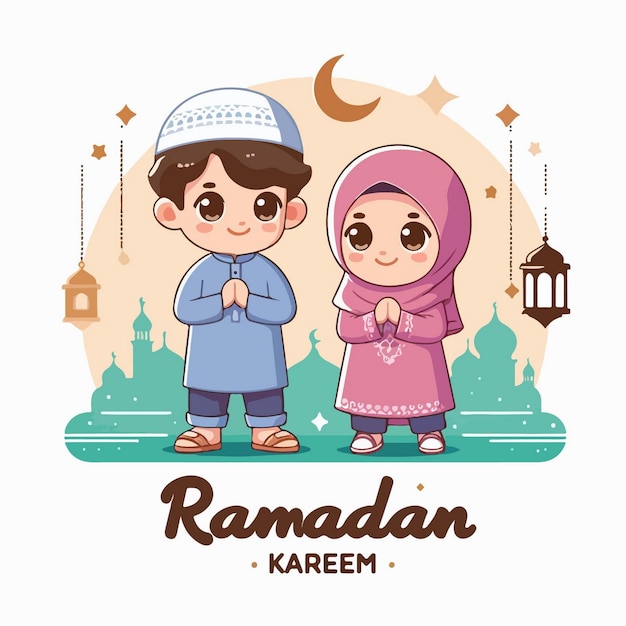 Ilustración vectorial de niños musulmanes celebrando el Ramadán en estilo de diseño plano