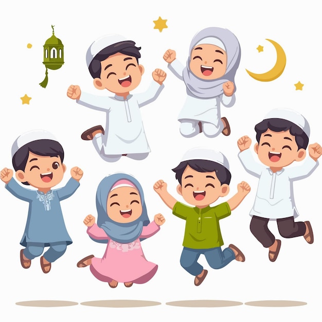 Ilustración vectorial de niños musulmanes celebrando el Ramadán en estilo de diseño plano