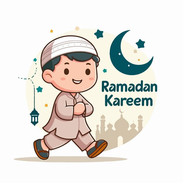 Ilustración vectorial de niños musulmanes celebrando el Ramadán en estilo de diseño plano