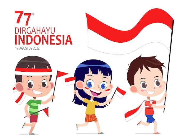 Ilustración vectorial de niños y niñas de dibujos animados celebran el día de la independencia de indonesia dirgahayu indonesia