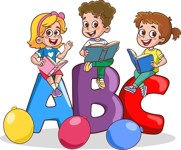 Ilustración vectorial de niños y personajes del alfabeto