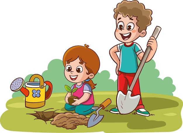 Ilustración vectorial de niños plantando árboles en el jardín
