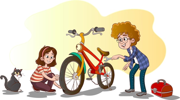 Vector ilustración vectorial de niños reparando su bicicleta.