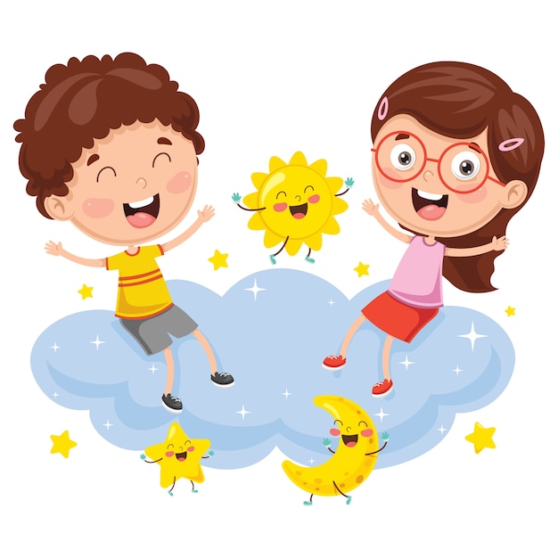 Ilustración vectorial de niños sentados en la nube