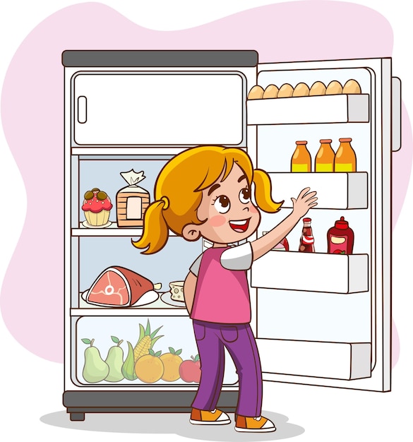Vector ilustración vectorial de niños tomando una bebida del refrigerador