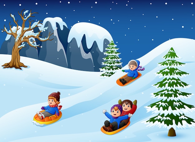 Ilustración vectorial de niños en trineo en la nieve cuesta abajo