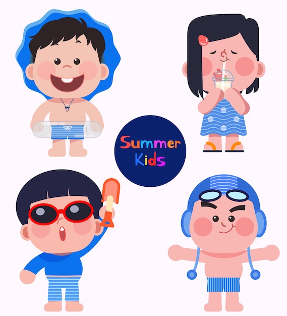 Ilustración vectorial de niños de verano con trajes de baño.