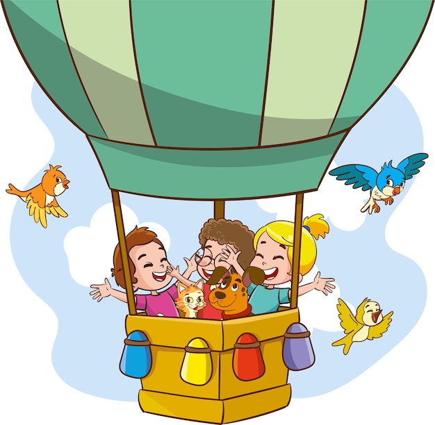 Vector ilustración vectorial de niños volando con globo aerostático