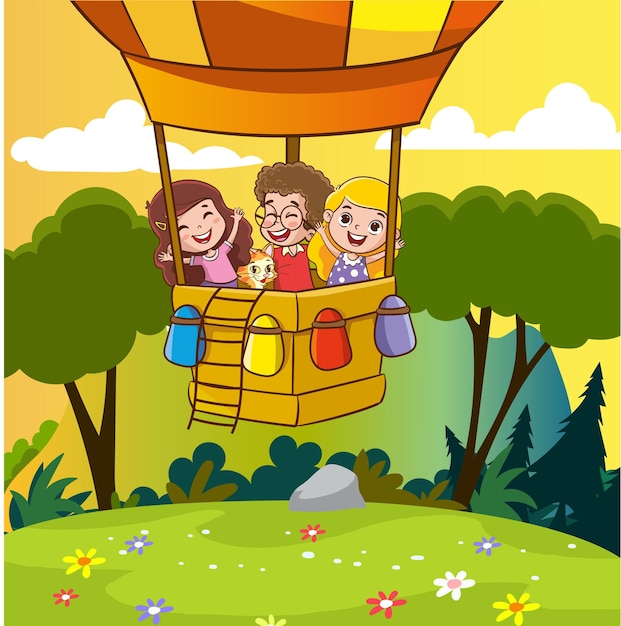 Ilustración vectorial de niños volando con globo aerostático