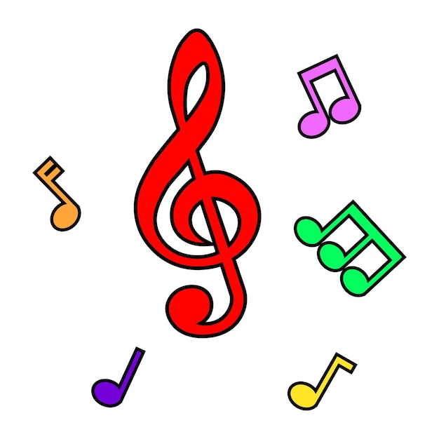 Ilustración vectorial de notas musicales coloridas con contorno negro aislado en fondo blanco