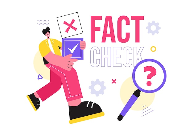 Ilustración vectorial de noticias de comprobación de hechos o falsos con mitos frente a hechos para una verificación exhaustiva y comparación de pruebas en un fondo plano de estilo de dibujos animados