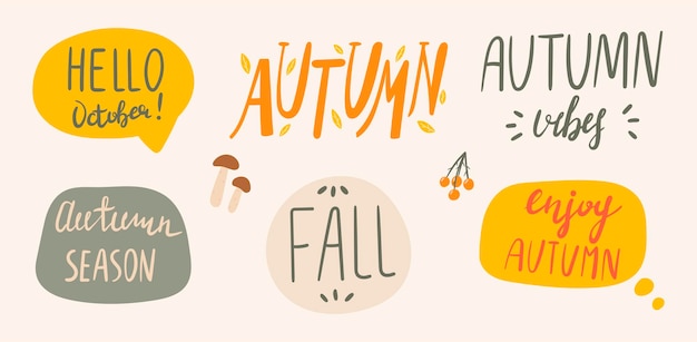 Ilustración vectorial de una nube con mensajes de texto Decoración de garabatos para el fondo Pegatinas con inscripciones sobre el otoño
