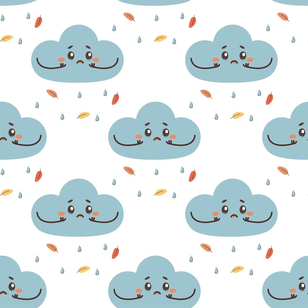 Ilustración vectorial de nubes tristes llorando lluvia con patrón sin costuras