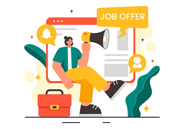 Ilustración vectorial de ofertas de empleo con un hombre de negocios Busca de reclutamiento Comienzo de carrera y vacante de empresa en un fondo de dibujos animados de estilo plano