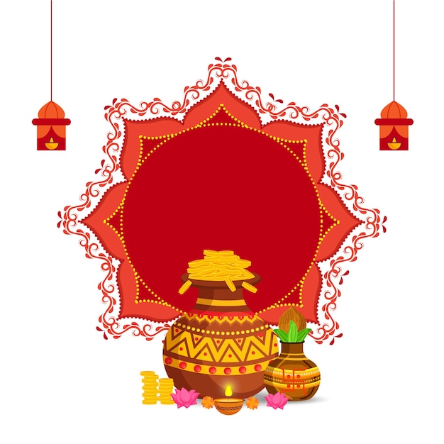 Ilustración vectorial de la olla del tesoro dorado con la olla tradicional kalash lámpara de aceite encendida diya flores de loto linternas cuelgue y copie el espacio sobre fondo blanco