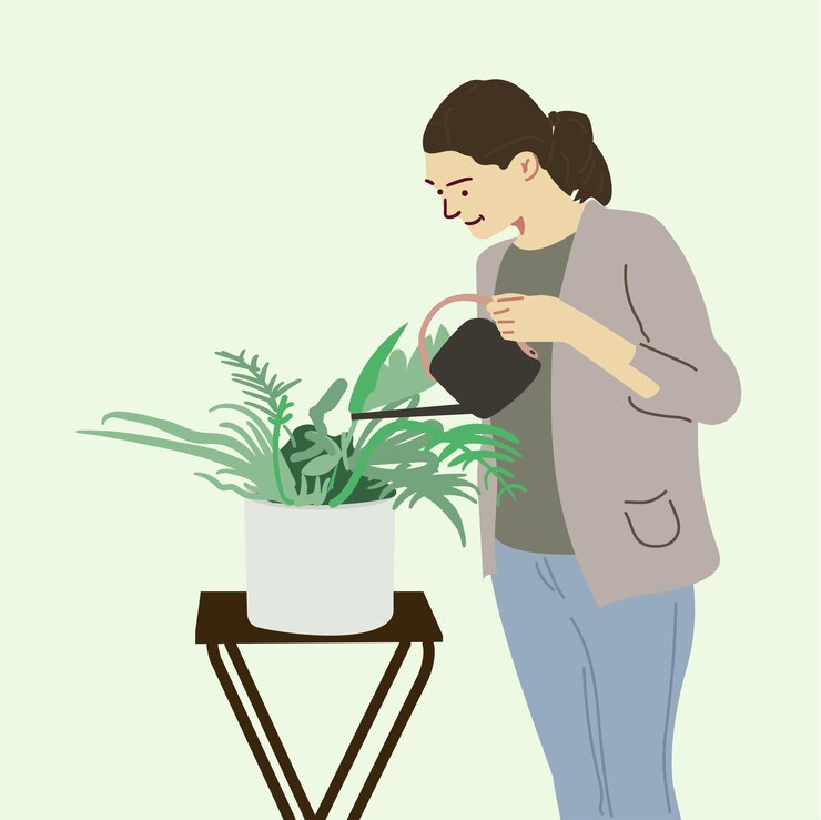 Ilustración vectorial de las ollas de flores para regar