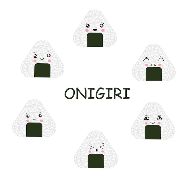 Ilustración vectorial de Onigiri al estilo de la comida rápida japonesa kawaii hecha de arroz con un relleno formado en forma de triángulo de algas nori