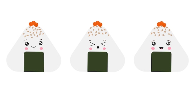 Ilustración vectorial de Onigiri al estilo de kawaii. Comida rápida japonesa.