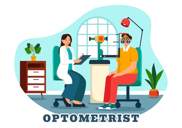 Ilustración vectorial del optometrista con el oftalmólogo comprobando la vista del paciente y la prueba óptica ocular