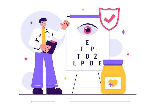 Ilustración vectorial de optometrista con un oftalmólogo examinando a un paciente39Visión Pruebas ópticas oculares y tecnología avanzada de gafas