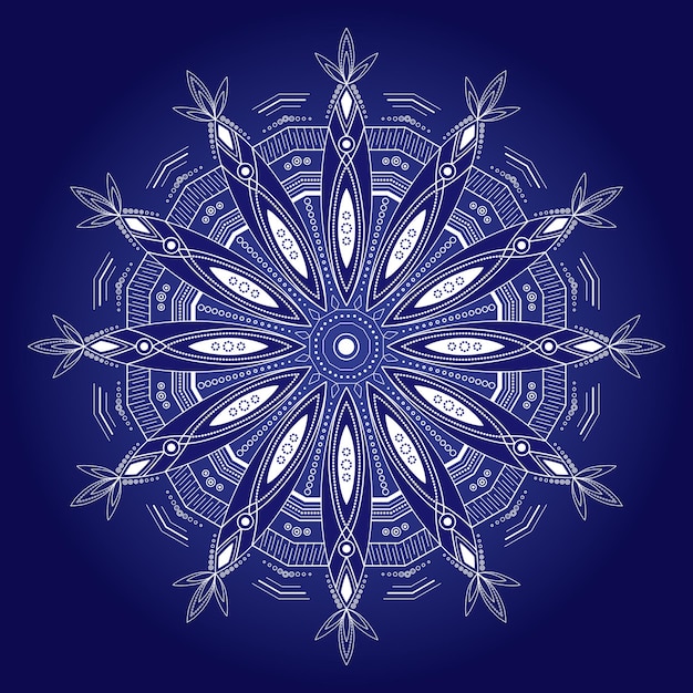 Ilustración vectorial de ornamento de copo de nieve Diseño complejo grande Mandala blanca sobre fondo azul