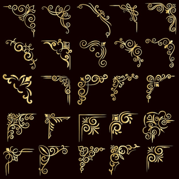 Ilustración vectorial de oro del conjunto de marcos de esquina decorativos Dibujado a mano de las esquinas Diferentes formas de oro