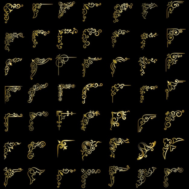 Ilustración vectorial de oro del conjunto de marcos de esquina decorativos Dibujado a mano de las esquinas Diferentes formas de oro