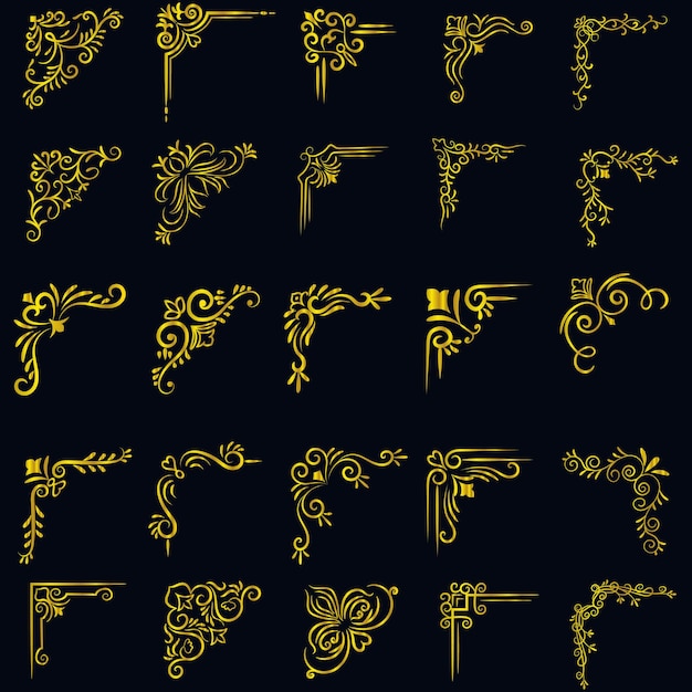 Ilustración vectorial de oro del conjunto de marcos de esquina decorativos Dibujado a mano de las esquinas Diferentes formas de oro