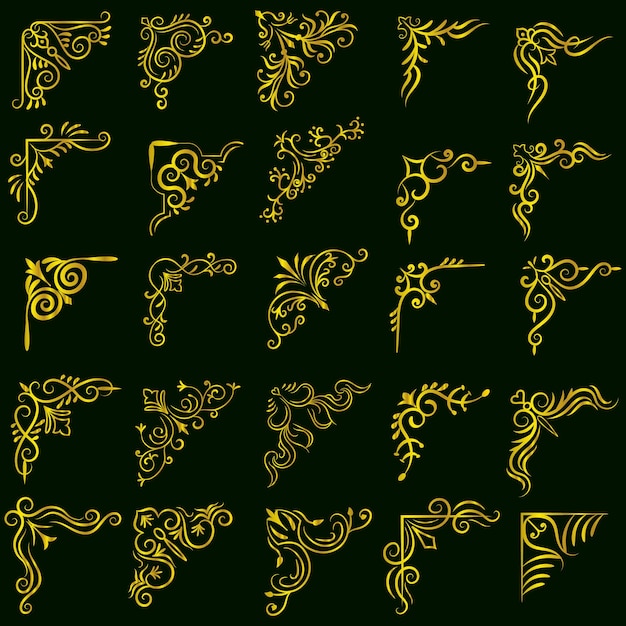 Ilustración vectorial de oro del conjunto de marcos de esquina decorativos Dibujado a mano de las esquinas Diferentes formas