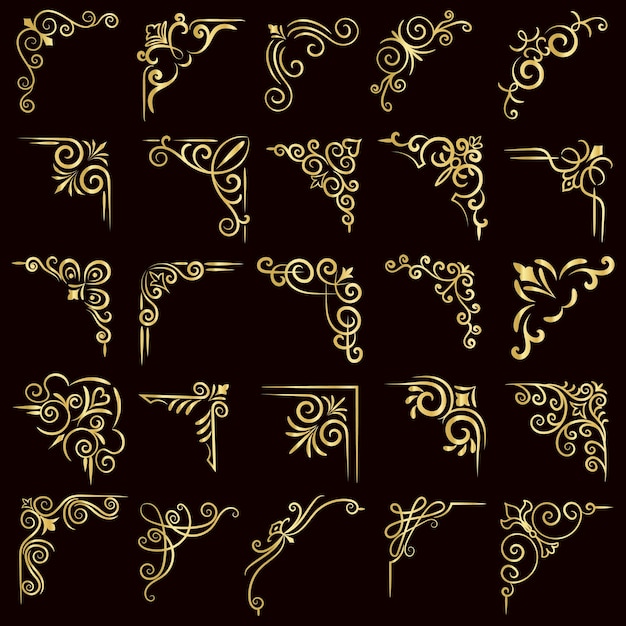 Ilustración vectorial de oro del conjunto de marcos de esquina decorativos Dibujado a mano de las esquinas Diferentes formas
