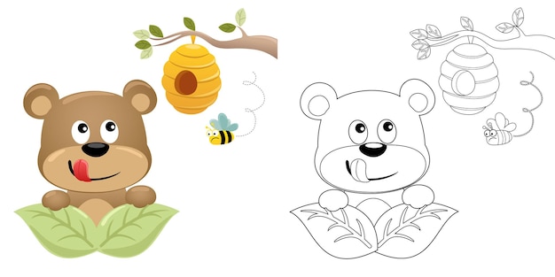 Ilustración vectorial de oso divertido de dibujos animados escondido en hojas con colmena colgando de ramas de árboles abeja voladora protegerla colmena libro para colorear o página para niños