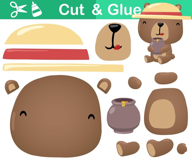 Ilustración vectorial de un oso lindo abrazando un frasco de miel Juego de papel educativo para niños Cortar y pegar