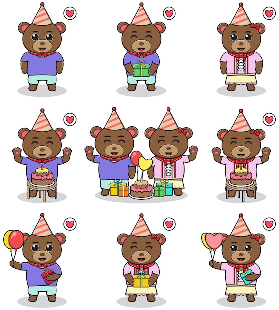 Ilustración vectorial de un oso lindo en una fiesta de cumpleaños