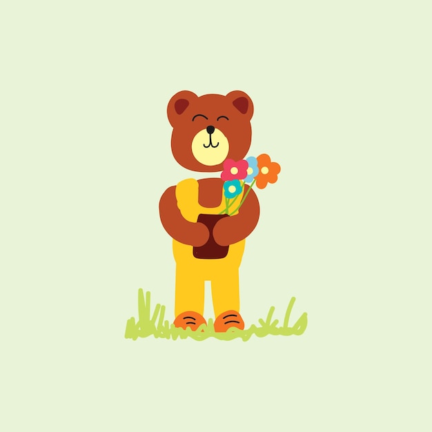 Ilustración vectorial de un oso lindo sosteniendo flores para textiles y impresiones de telas