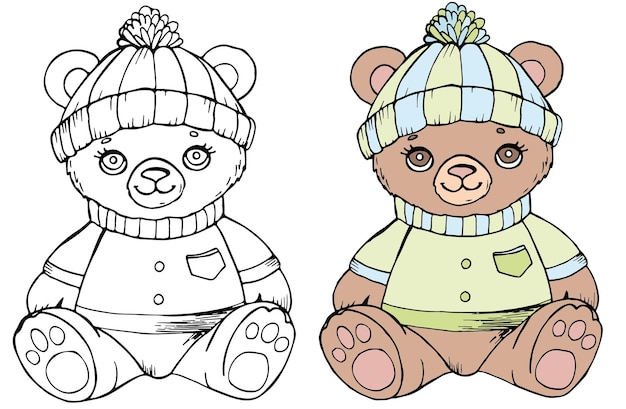 Ilustración vectorial de un oso de peluche para colorear libro 2 tipos de contorno y en color formato EPS 10 Contorno de dibujos animados bonitos oso de pele para colorear página Ilustración vectorizada aislada en fondo blanco