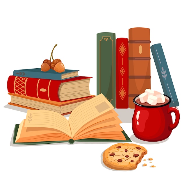 Ilustración vectorial de otoño de una taza de chocolate caliente libro abierto con galletas mordidas otoño acogedor