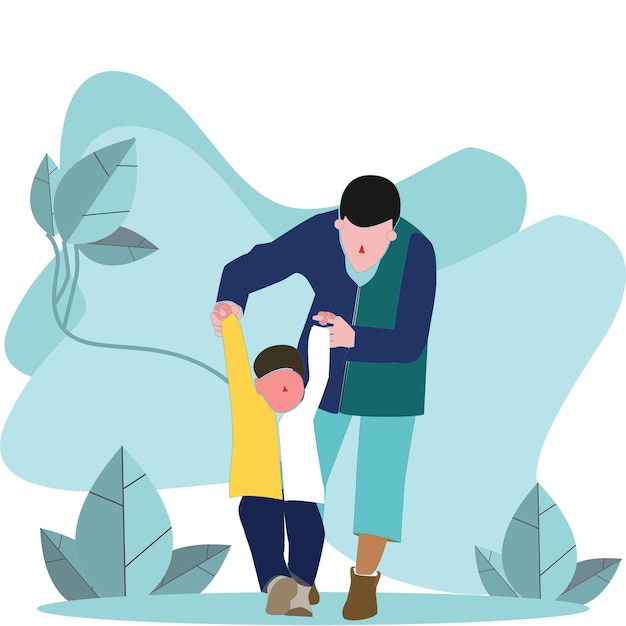 Vector ilustración vectorial de un padre ayudando a su hijo a caminar