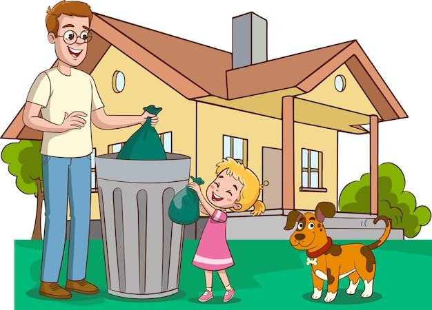 Ilustración vectorial de padre e hijos limpiando la casa con un cubo de basura y un perro